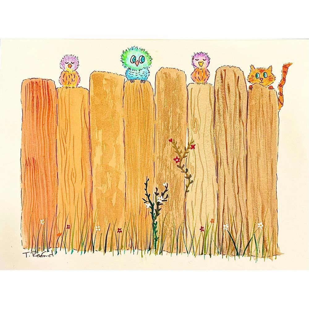 Hand painted watercolor original painting fence with birds and cat